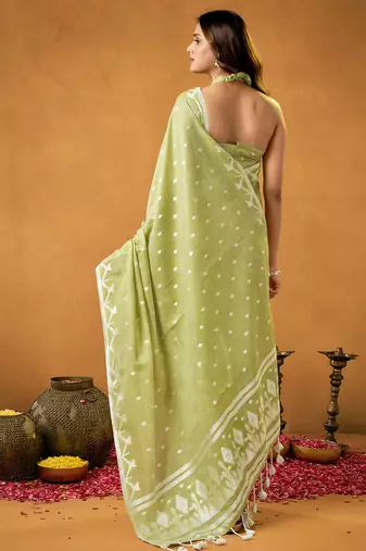 sea green spun floral cotton jamdani saree