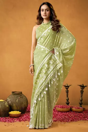 sea green spun floral cotton jamdani saree