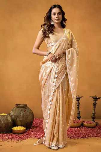 Mustard floral cotton floral jamdani saree