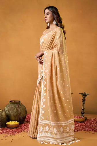 Mustard floral cotton floral jamdani saree
