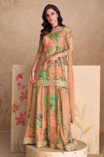 Light peach embroidery & sequence work chinon palazzo ( full stitched free size )