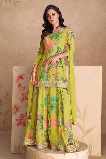 Yellow embroidery & sequence work chinon palazzo ( full stitched free size )