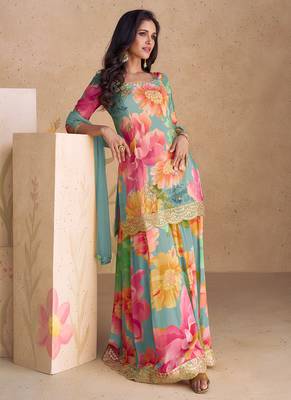 Multicolor embroidery & sequence work chinon palazzo ( full stitched free size ) 1