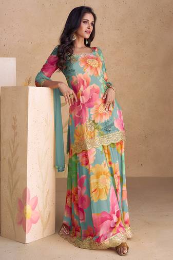 Multicolor embroidery & sequence work chinon palazzo ( full stitched free size )