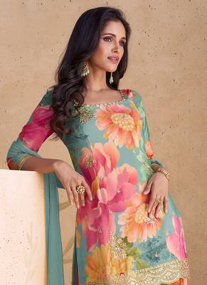 Multicolor embroidery & sequence work chinon palazzo ( full stitched free size ) 2