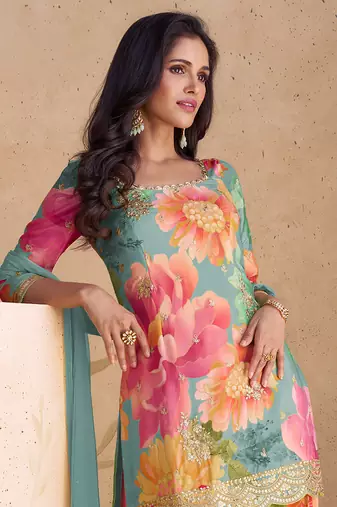 Multicolor embroidery & sequence work chinon palazzo ( full stitched free size )
