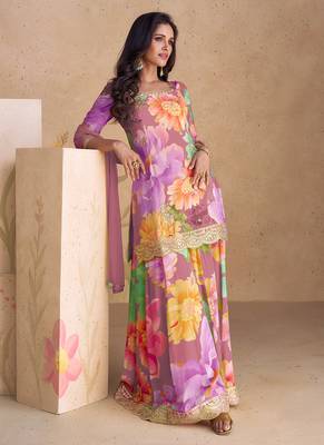 Purple embroidery & sequence work chinon palazzo ( full stitched free size ) 1
