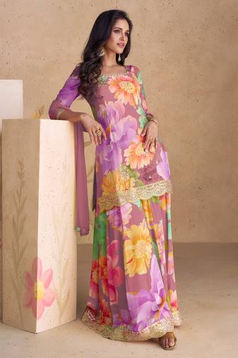 Purple embroidery & sequence work chinon palazzo ( full stitched free size )