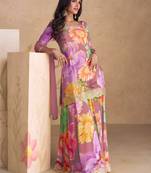 Purple embroidery & sequence work chinon palazzo ( full stitched free size )