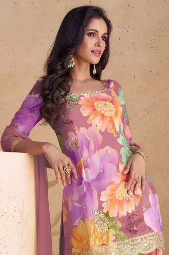 Purple embroidery & sequence work chinon palazzo ( full stitched free size )