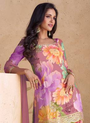 Purple embroidery & sequence work chinon palazzo ( full stitched free size ) 3