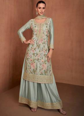 Pista green embroidery & sequence work chinon palazzo ( full stitched free size ) 1
