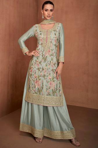 Pista green embroidery & sequence work chinon palazzo ( full stitched free size )
