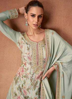 Pista green embroidery & sequence work chinon palazzo ( full stitched free size ) 2