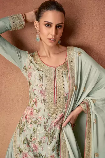 Pista green embroidery & sequence work chinon palazzo ( full stitched free size )