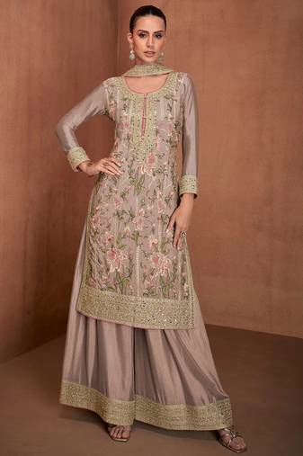 Brown embroidery & sequence work chinon palazzo ( full stitched free size )
