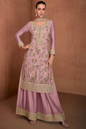 Purple embroidery & sequence work chinon palazzo ( full stitched free size )