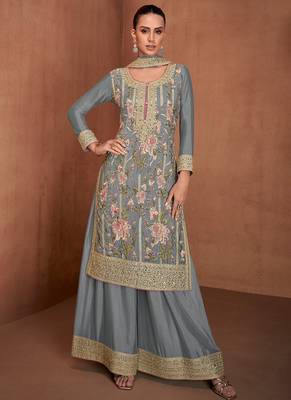 Grey embroidery & sequence work chinon palazzo ( full stitched free size ) 1