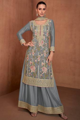 Grey embroidery & sequence work chinon palazzo ( full stitched free size )
