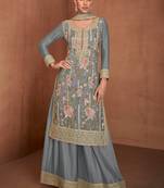 Grey embroidery & sequence work chinon palazzo ( full stitched free size )
