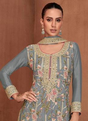 Grey embroidery & sequence work chinon palazzo ( full stitched free size ) 2