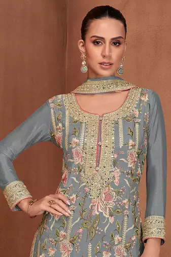 Grey embroidery & sequence work chinon palazzo ( full stitched free size )