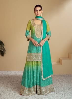Sea green embroidery & sequence work chinon palazzo ( full stitched free size ) 1