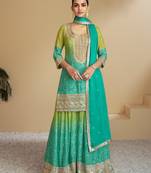 Sea green embroidery & sequence work chinon palazzo ( full stitched free size )