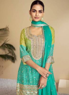 Sea green embroidery & sequence work chinon palazzo ( full stitched free size ) 2