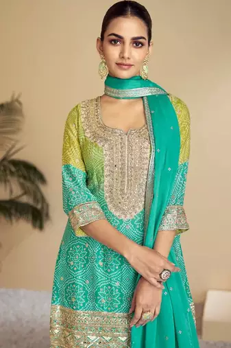 Sea green embroidery & sequence work chinon palazzo ( full stitched free size )