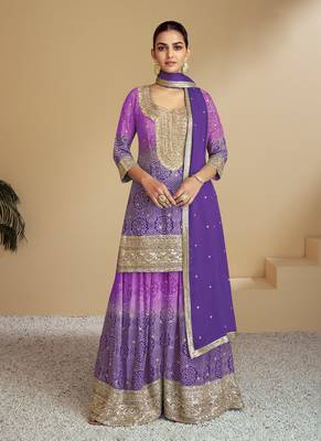 Lavender embroidery & sequence work chinon palazzo ( full stitched free size ) 1