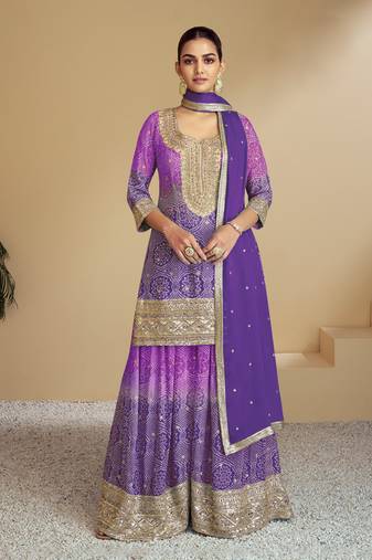 Lavender embroidery & sequence work chinon palazzo ( full stitched free size )