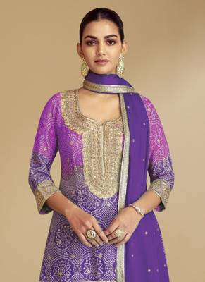 Lavender embroidery & sequence work chinon palazzo ( full stitched free size ) 3