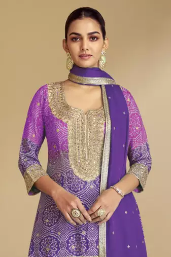 Lavender embroidery & sequence work chinon palazzo ( full stitched free size )