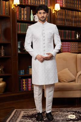 off white sherwani with imported jacquard silk and faux satin pajama for mens 1