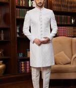 Off White sherwani with imported jacquard silk and faux satin pajama for mens