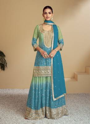 Teal blue embroidery & sequence work chinon palazzo ( full stitched free size ) 1