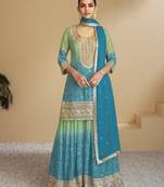 Teal blue embroidery & sequence work chinon palazzo ( full stitched free size )