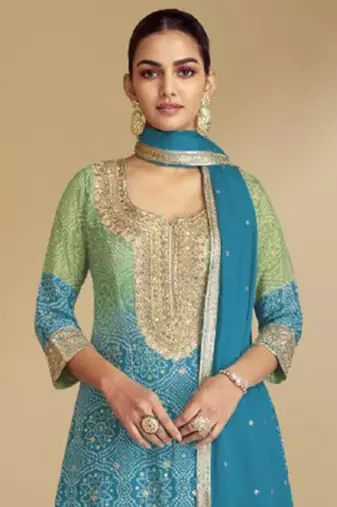 Teal blue embroidery & sequence work chinon palazzo ( full stitched free size )