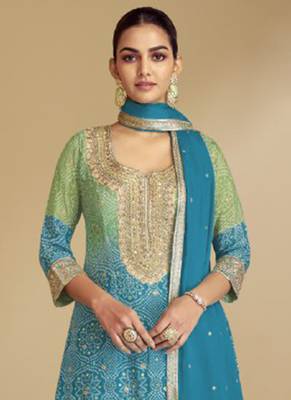 Teal blue embroidery & sequence work chinon palazzo ( full stitched free size ) 3