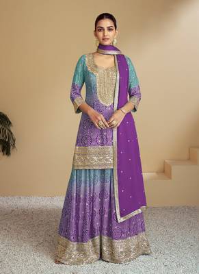Light purple embroidery & sequence work chinon palazzo ( full stitched free size ) 1