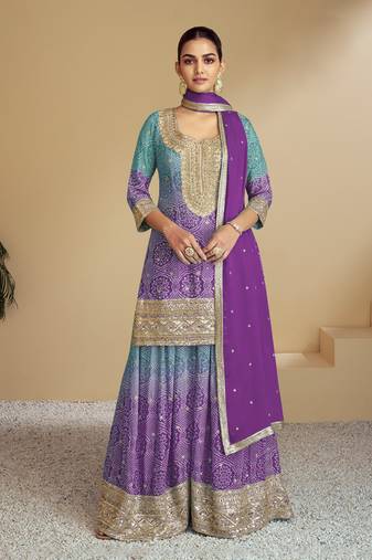 Light purple embroidery & sequence work chinon palazzo ( full stitched free size )
