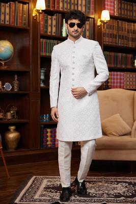 off white sherwani with imported jacquard silk and faux satin pajama for mens 2