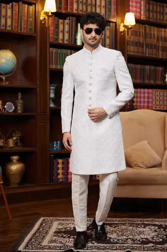 off white sherwani with imported jacquard silk and faux satin pajama for mens