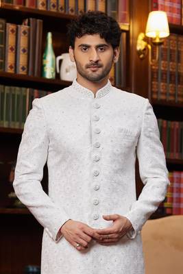 off white sherwani with imported jacquard silk and faux satin pajama for mens 3