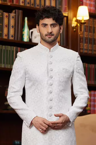 off white sherwani with imported jacquard silk and faux satin pajama for mens