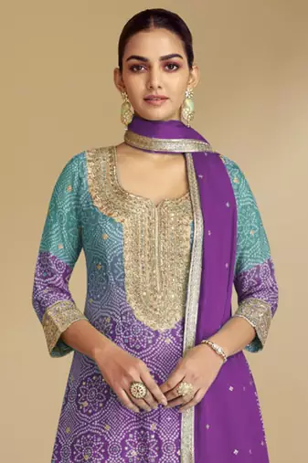 Light purple embroidery & sequence work chinon palazzo ( full stitched free size )