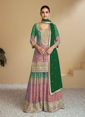 Green embroidery & sequence work chinon palazzo ( full stitched free size ) 1