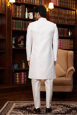 off white sherwani with imported jacquard silk and faux satin pajama for mens 4