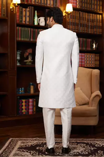 off white sherwani with imported jacquard silk and faux satin pajama for mens